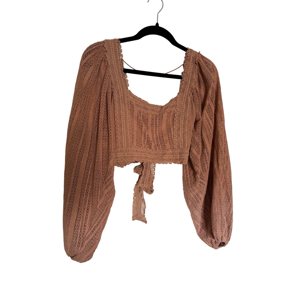 Jen's Pirate Booty Terracotta Lace Balloon Sleeve Crop Top Small Boho Tie Back